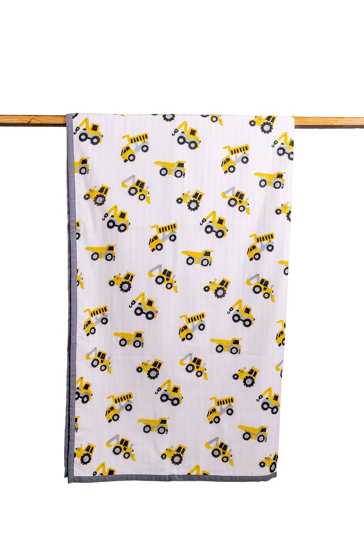 Construction truck print hand block printed cotton mulmul dohar for kids with grey border, hanging on wooden rod