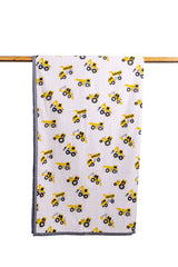 Construction truck print hand block printed cotton mulmul dohar for kids with grey border, hanging on wooden rod