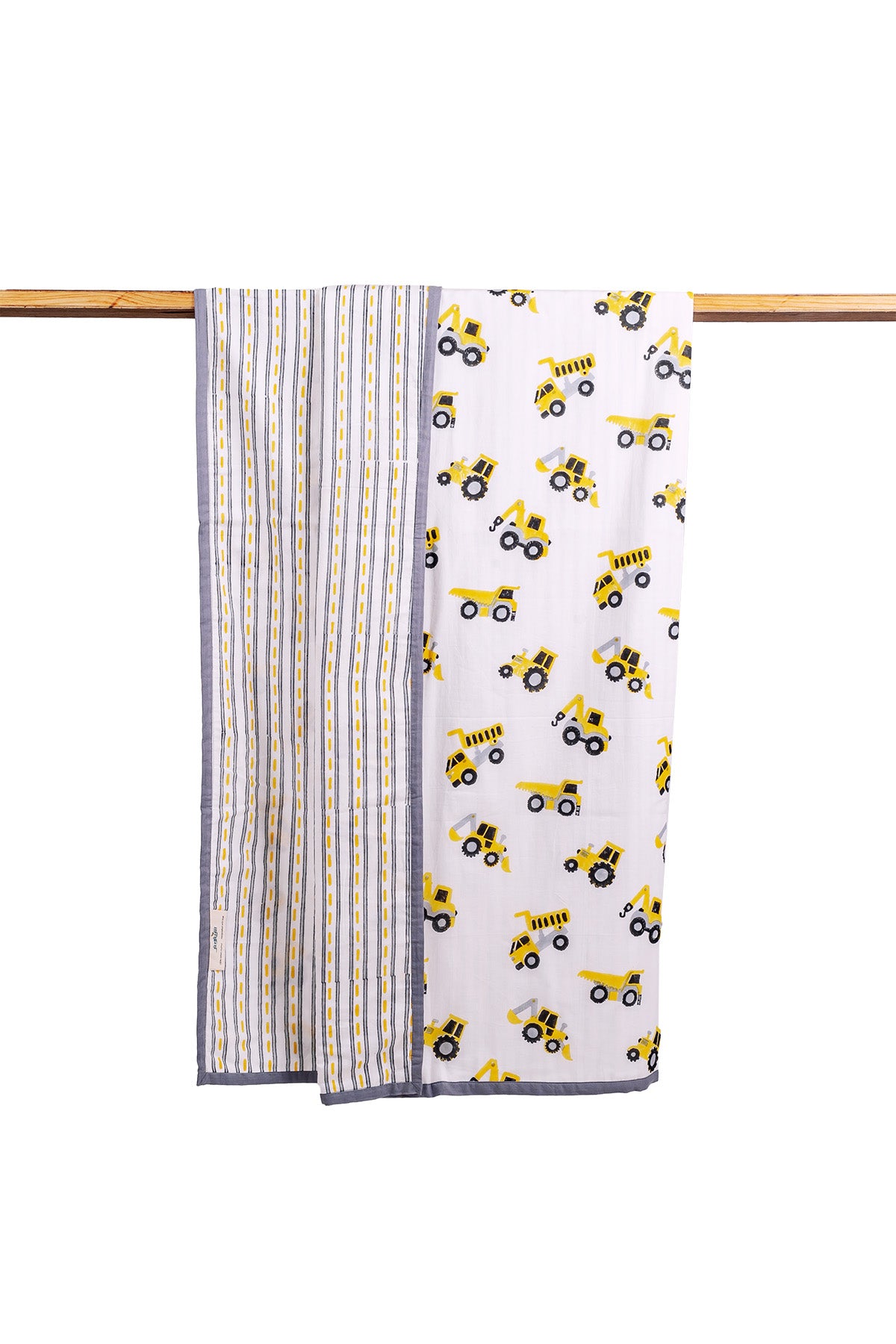 Reversible cotton mulmul kids dohar with construction truck print on one side and yellow-grey road stripes on the other