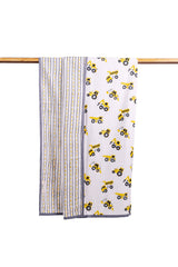 Reversible cotton mulmul kids dohar with construction truck print on one side and yellow-grey road stripes on the other