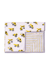 Folded construction truck print mulmul dohar with corner flipped to show striped reverse and Bumblebee label