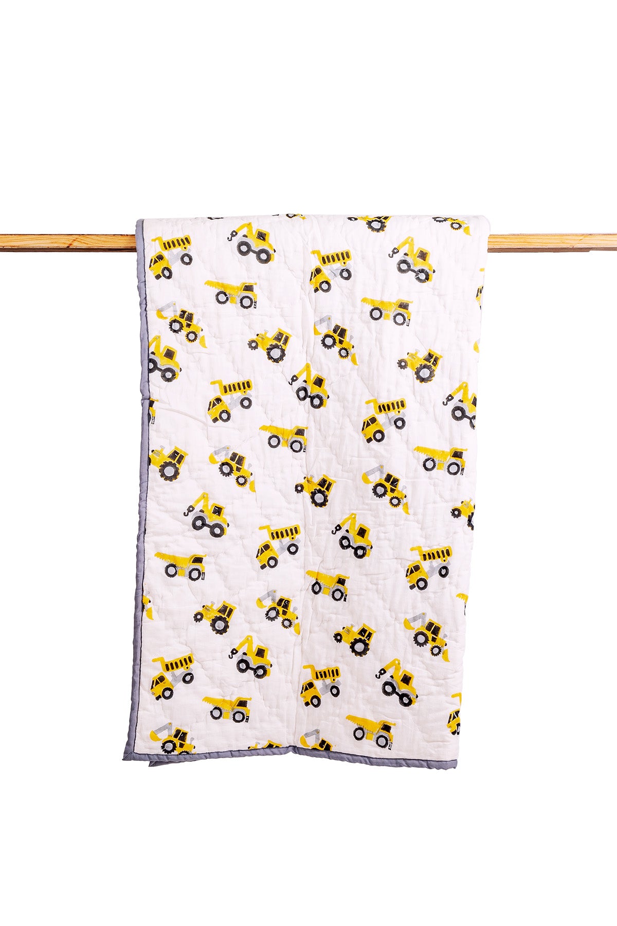Yellow construction truck hand block print cotton mulmul quilt with grey border