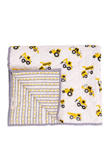 Folded construction truck print mulmul quilt with corner flipped to show striped reverse and grey border