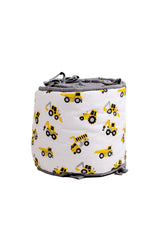 Rolled hand block printed cotton cot bumper with yellow construction truck print and grey piping
