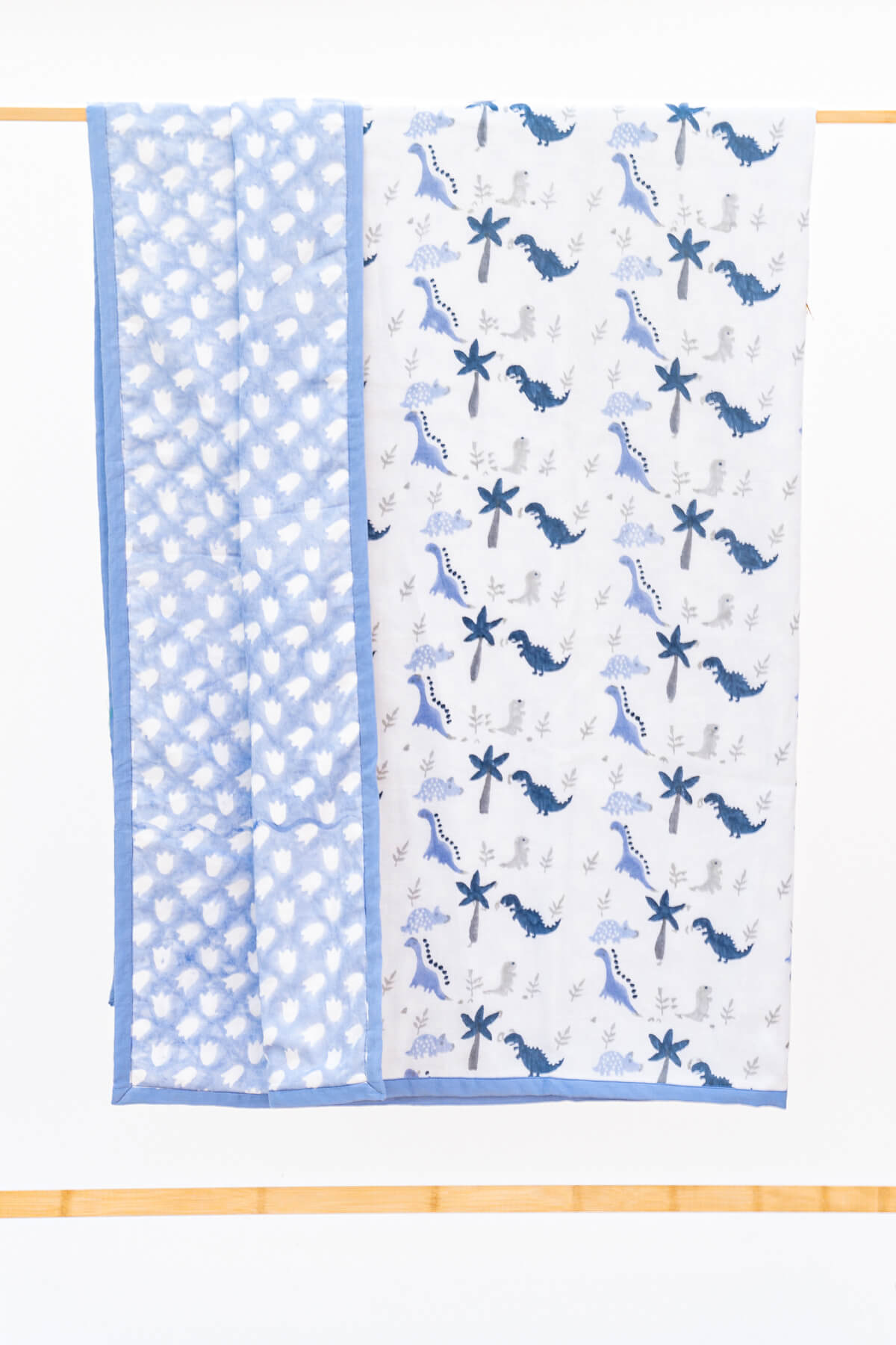 Dinosaur hand block printed cotton mulmul dohar for kids with a playful dino print