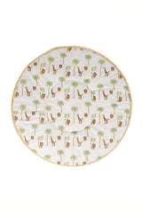A round playmat with a forest and animal print design, made of cotton percale and polyfiber filling.