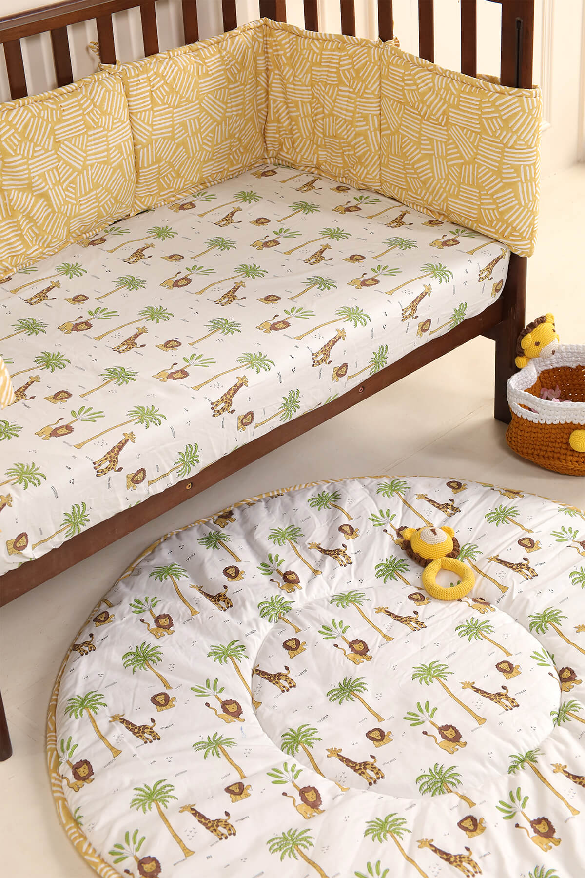 Forest hand block printed baby playmat in nursery setting
