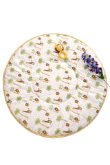 Close-up of hand block printed forest design on soft cotton baby playmat