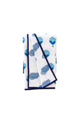 Hot air balloon hand block printed cotton mulmul dohar for kids in blue, with a flying balloon print