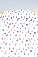 Close-up of screen printed hula hoop design on soft padded cotton playmat