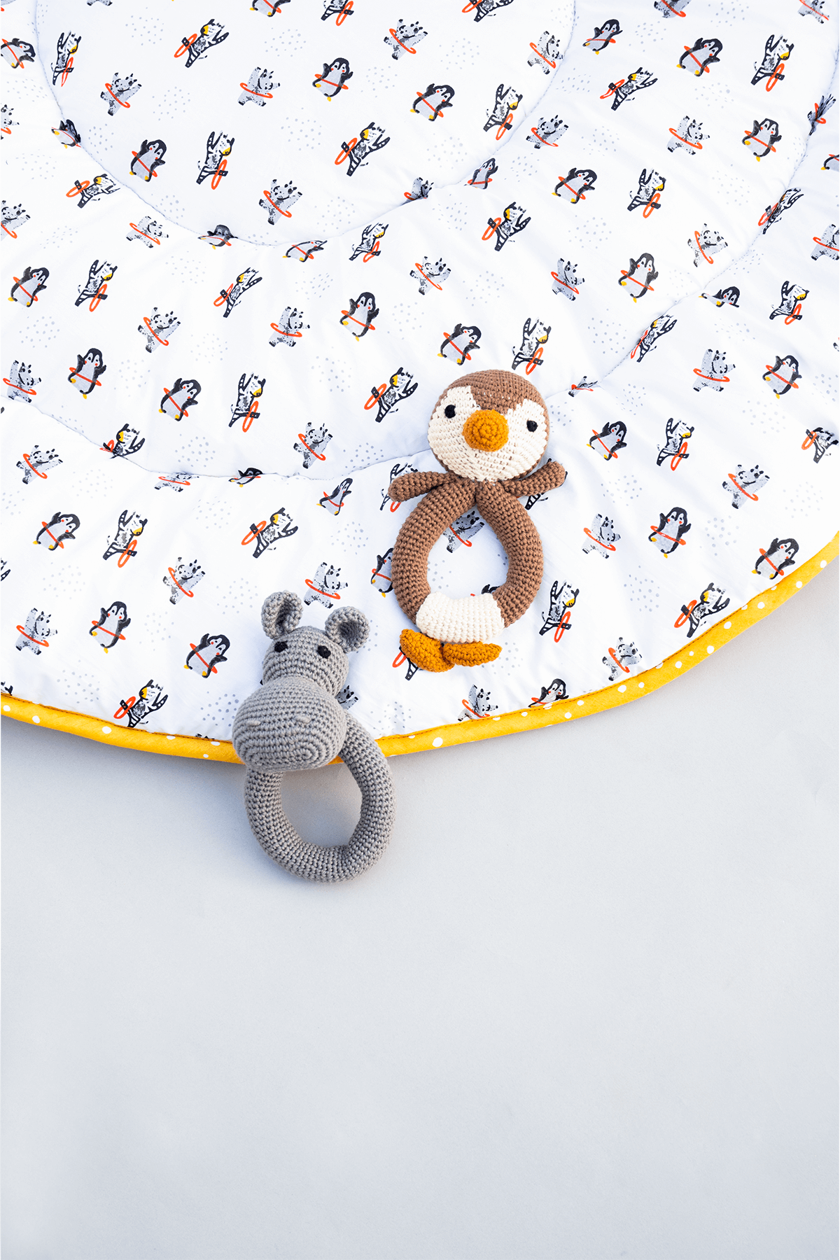 Edge detail of Hula Hoop cotton baby playmat showing stitching and soft padding
