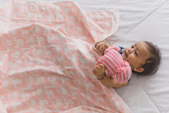 Jungle safari hand printed cotton mulmul dohar for kids in pink with jungle animal print