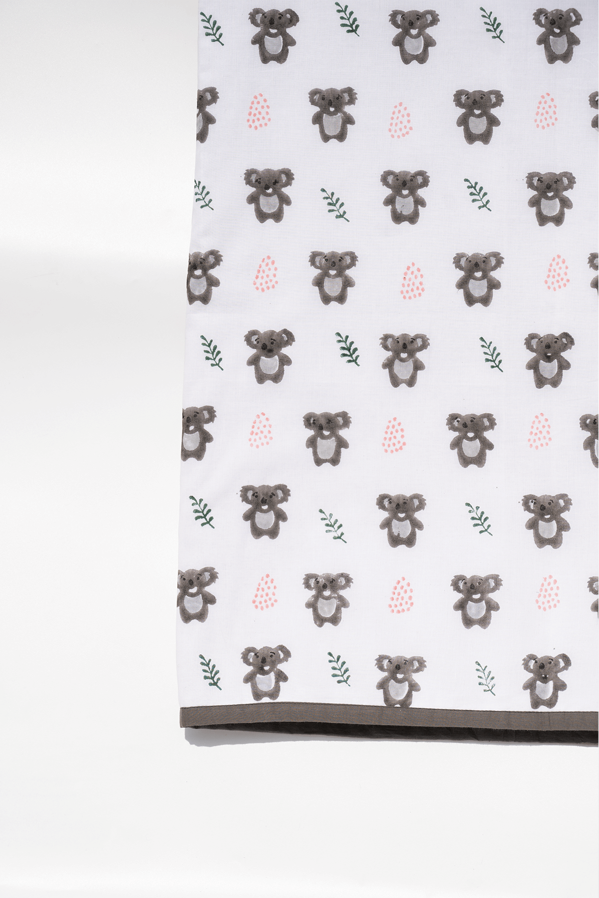 Close-up of koalas hand block printed on soft cotton mulmul dohar
