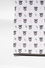 Close-up of koalas hand block printed on soft cotton mulmul dohar