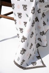 Close-up of koalas hand block printed on soft cotton mulmul dohar
