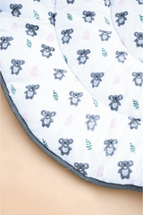 Close-up of hand block printed koalas on soft padded cotton baby playmat