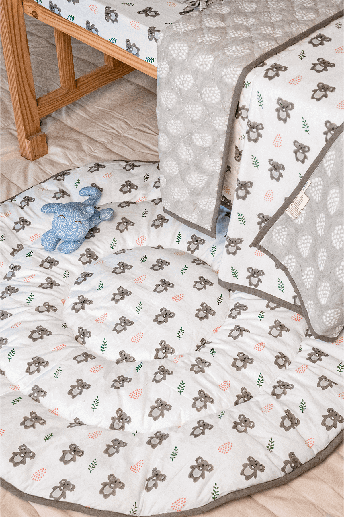 Koala hand block printed baby playmat styled for tummy time and play