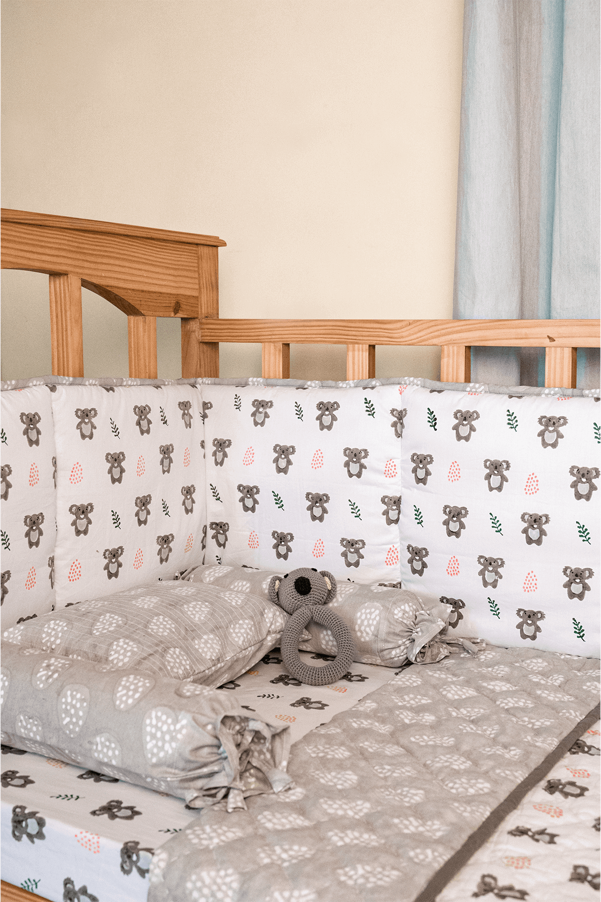 Koala print cotton baby playmat with matching koala cot bumper