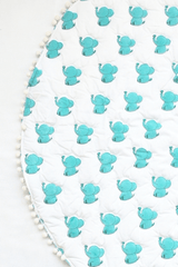 Reversible blue elephant padded cotton playmat showing the reverse side