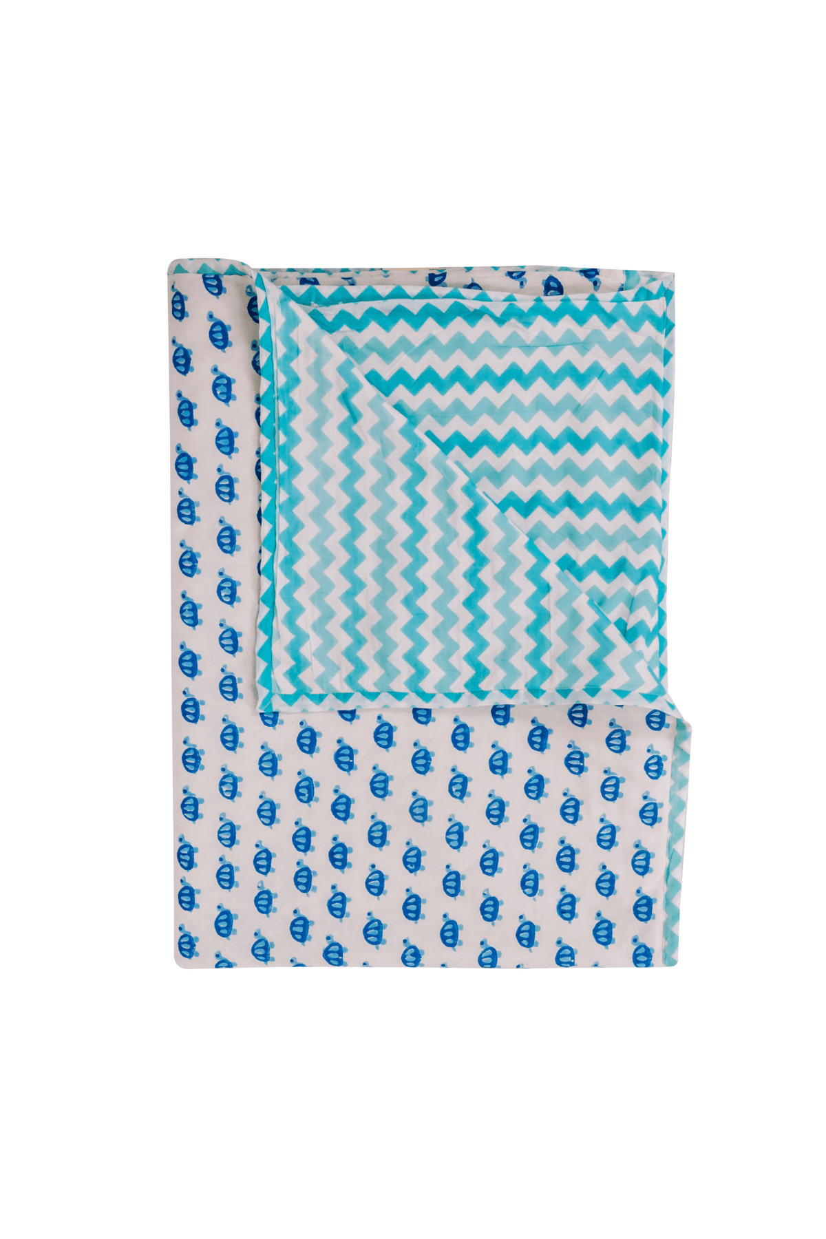 Reversible blue turtle print cotton mulmul dohar showing the front and reverse sides