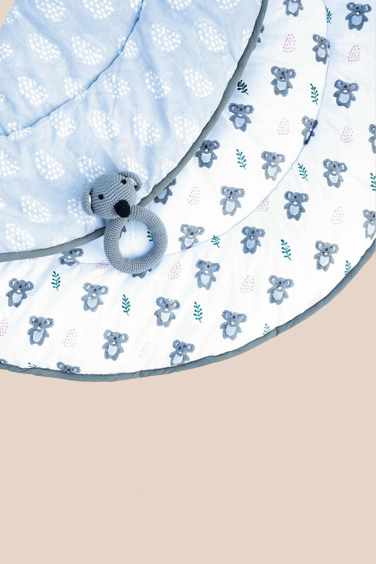 Reversible koala padded cotton playmat showing the reverse side