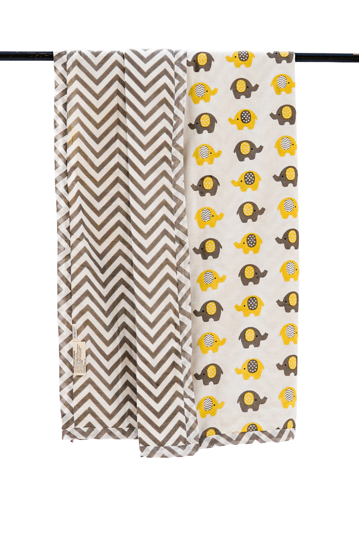 Reversible mama and baby elephant print cotton mulmul dohar showing the front and reverse sides