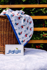 Detail of Bumblebee label and soft cotton mulmul fabric on Sail Away kids dohar