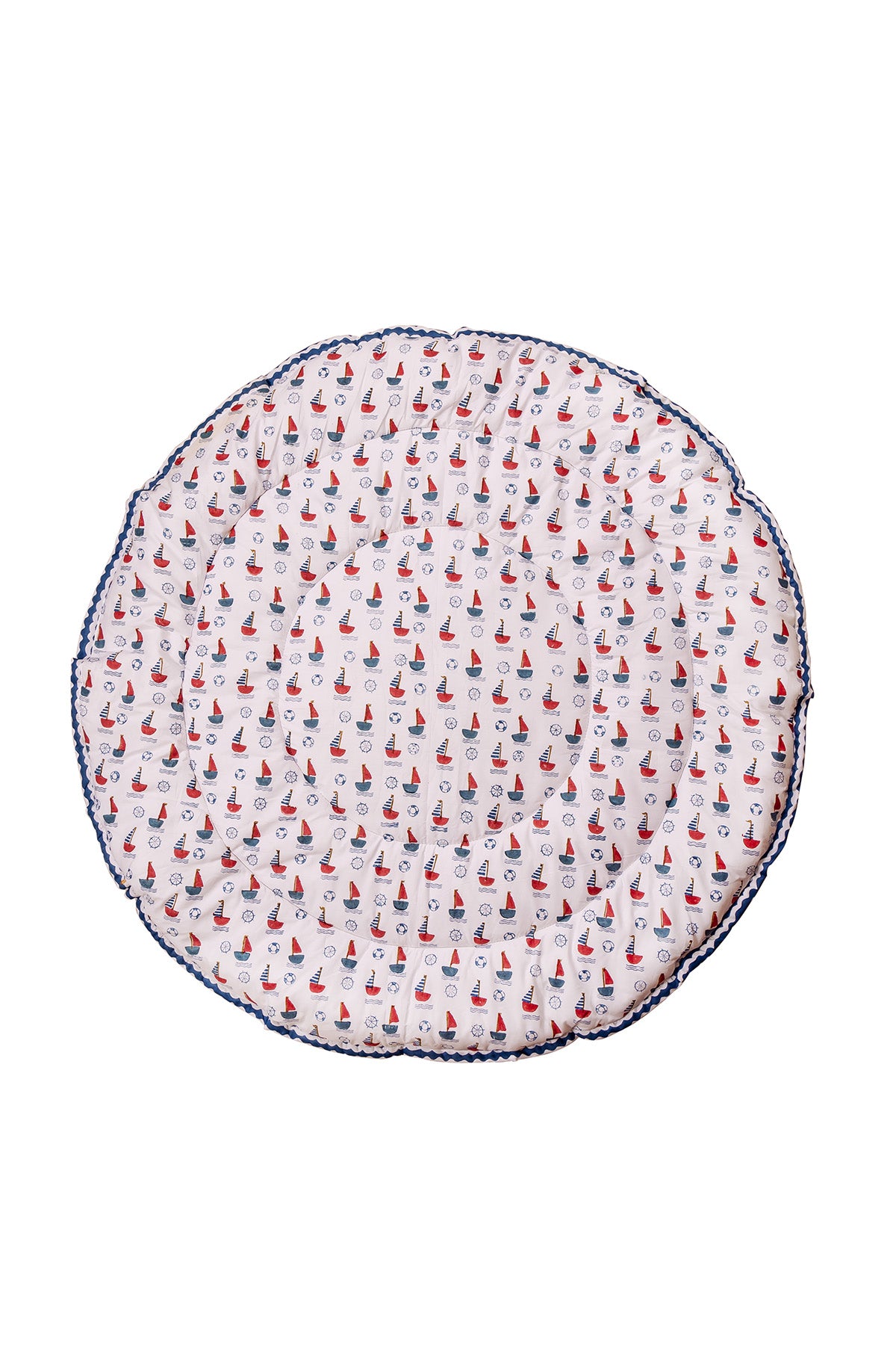 Sail Away hand block printed cotton baby playmat with a sailboat print, 40x40 inches, laid flat