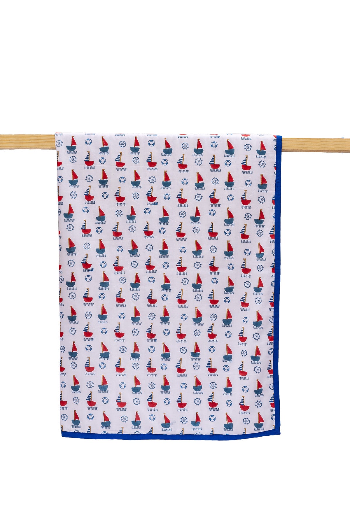 Sail Away hand block printed cotton mulmul dohar for kids with a sailboat print