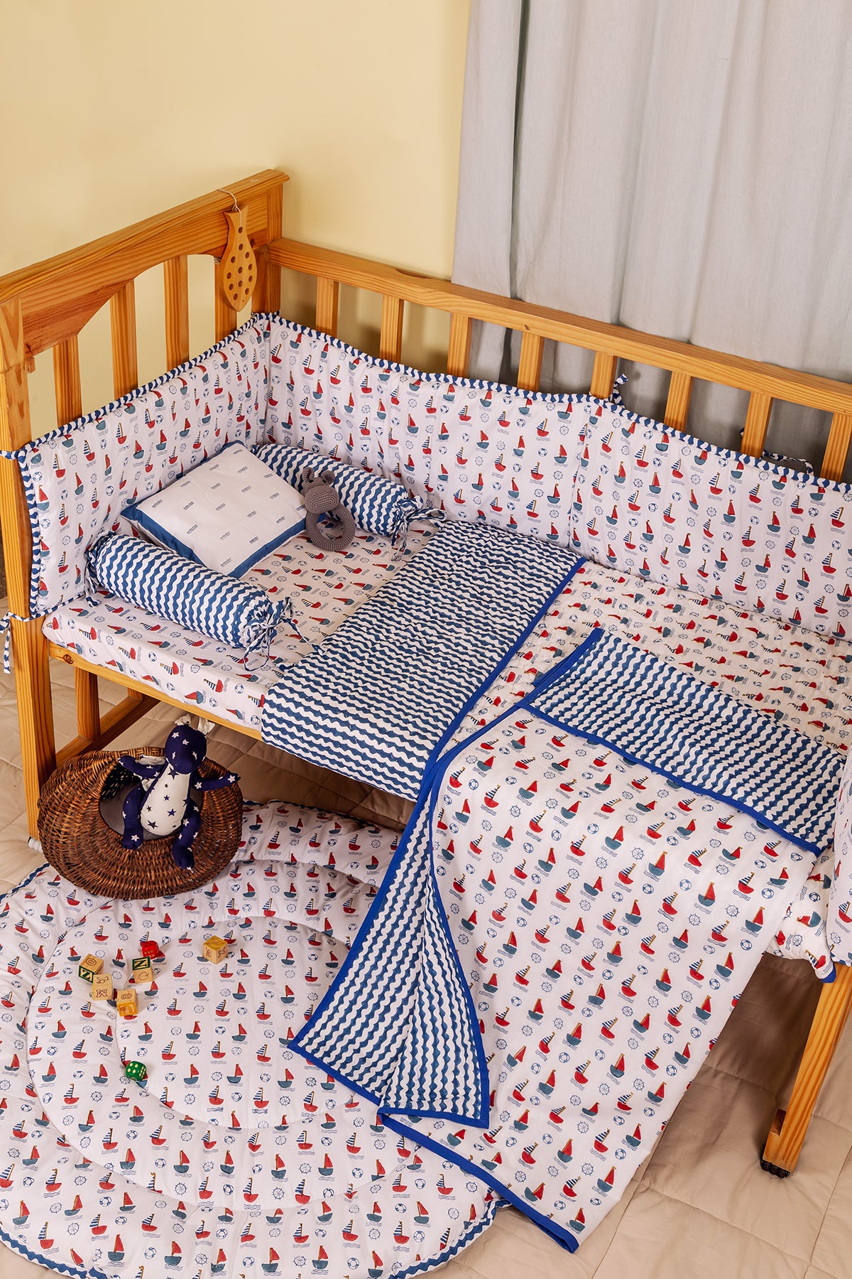 Sail Away print cotton mulmul dohar styled in a kids room