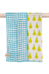 Reversible yellow pear hand block printed cotton mulmul dohar for kids, showing the pear print and reverse side