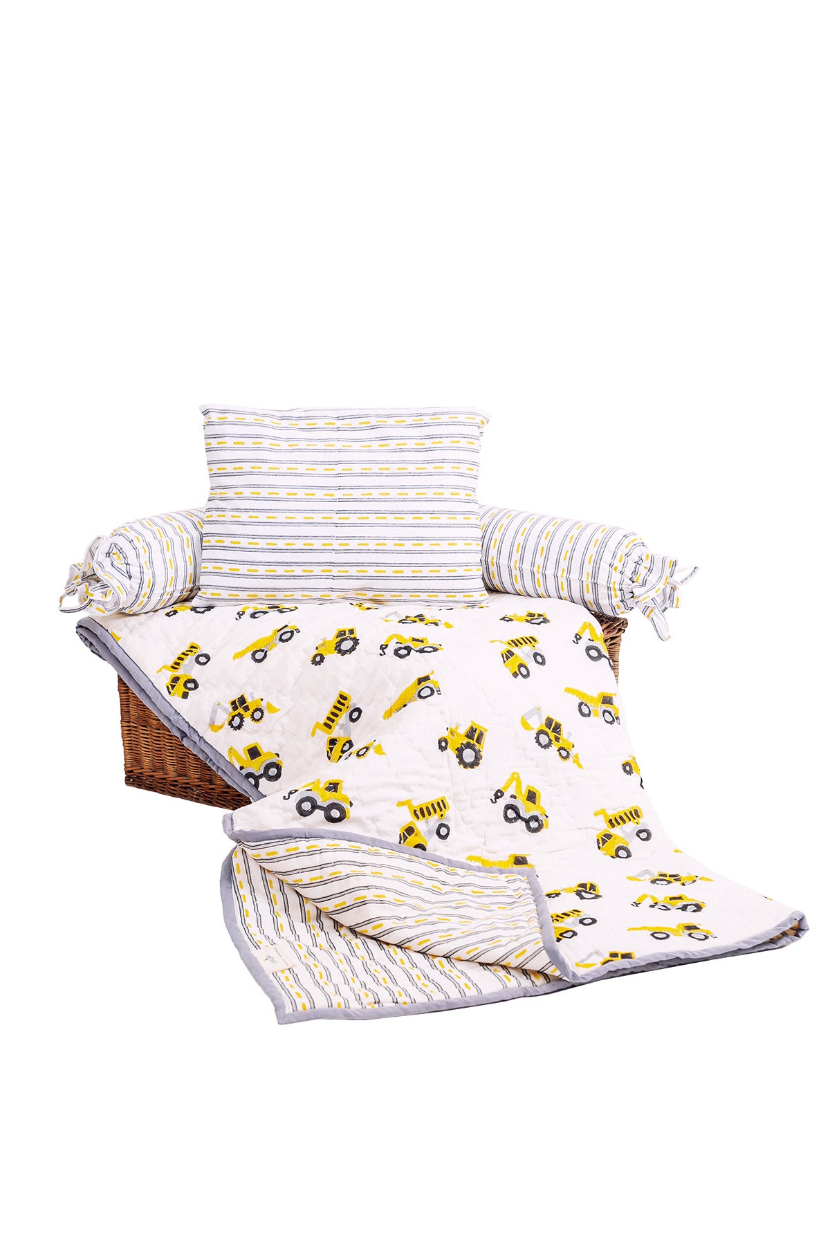 Construction truck nursery set with road stripe baby pillow, bolsters and reversible mulmul quilt on wicker basket