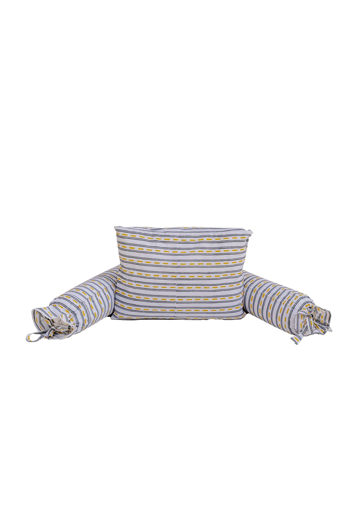 Hand block printed cotton baby pillow and two bolsters in yellow and grey road stripe print